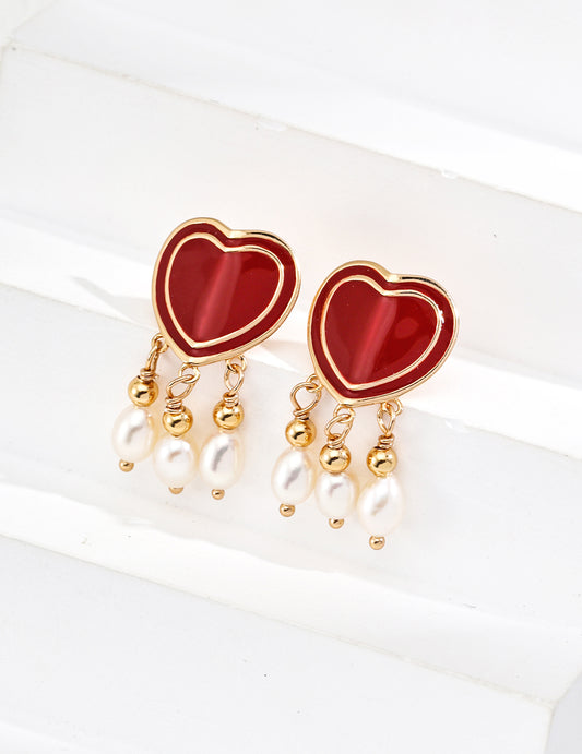 Stylish Red Drop Glaze Natural Pearl Heart-Shaped Earrings(E01285-2)