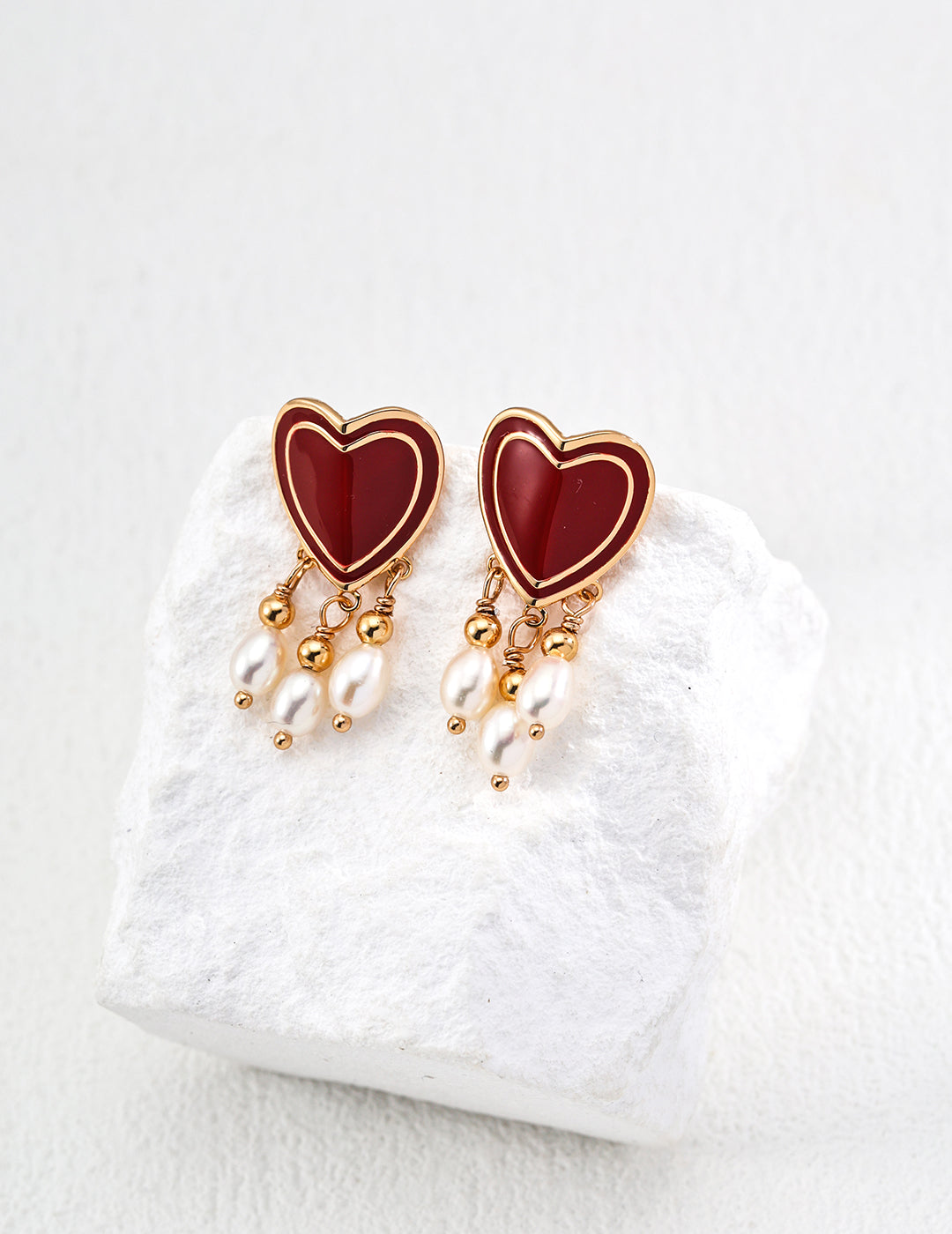 Stylish Red Drop Glaze Natural Pearl Heart-Shaped Earrings(E01285-2)